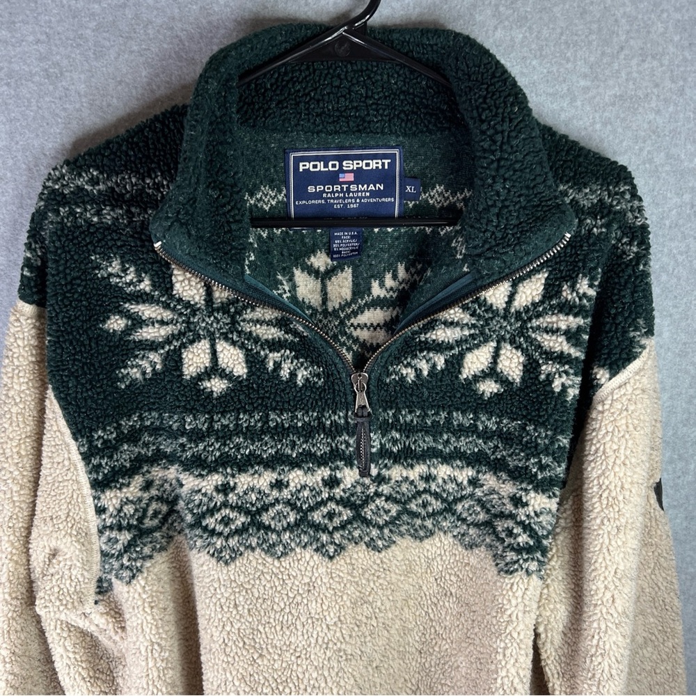 Polo Sportsman Vintage Fleece Mens XL Snowflake Beige Green Quarter-Zip Cozy